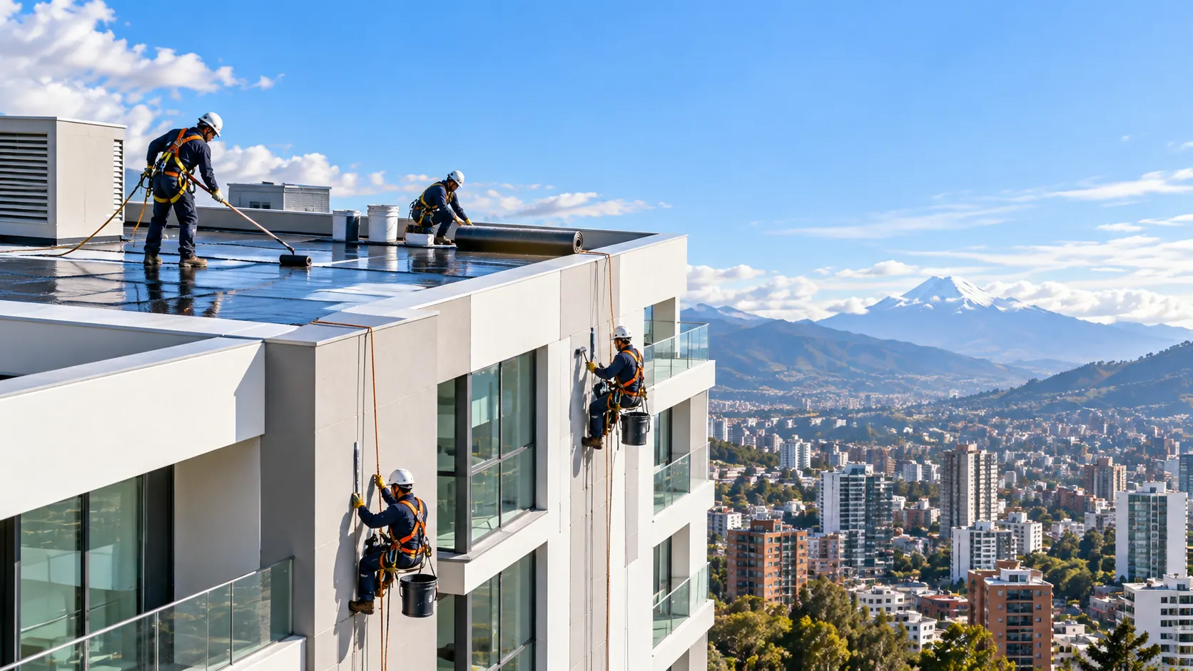Técnicos realizando impermeabilización y mantenimiento en edificio